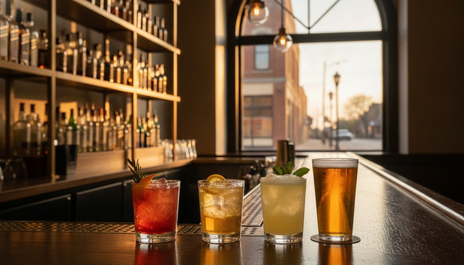 A warmly lit Northwest Arkansas bar at happy hour